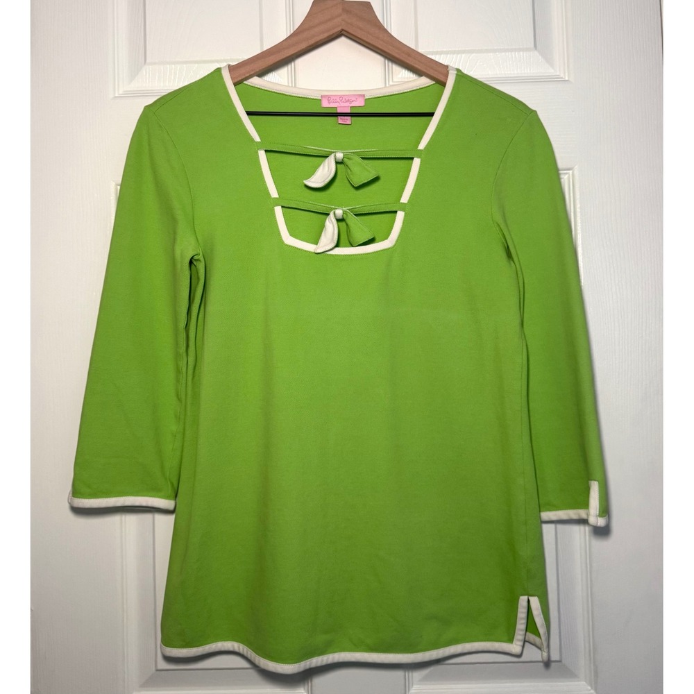 Lilly Pulitzer Blouse Lime Green Pima Cotton Bow Square Neck 3/4 Sleeve‎ Top  S